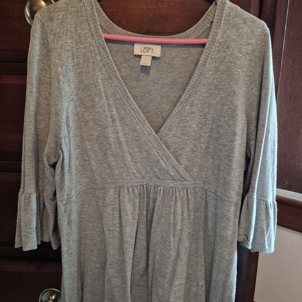 LOFT Gray Wrap Ruffled 3/4 Sleeve Blouse